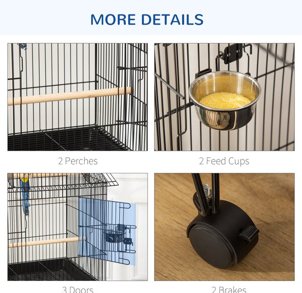 PawHut Colivie pentru Păsări din Oțel și Lemn cu Tavă Detașabilă, 4 Roți și Recipient pentru Alimente, 51,5x50x140 cm, Negru | Aosom Romania