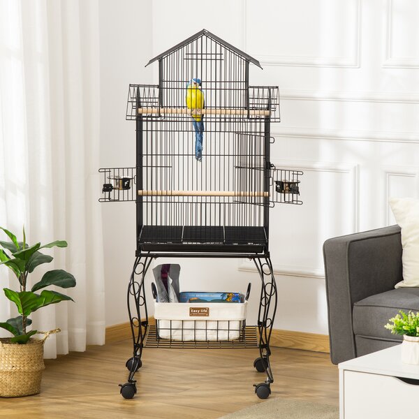 PawHut Colivie pentru Păsări din Oțel și Lemn cu Tavă Detașabilă, 4 Roți și Recipient pentru Alimente, 51,5x50x140 cm, Negru | Aosom Romania