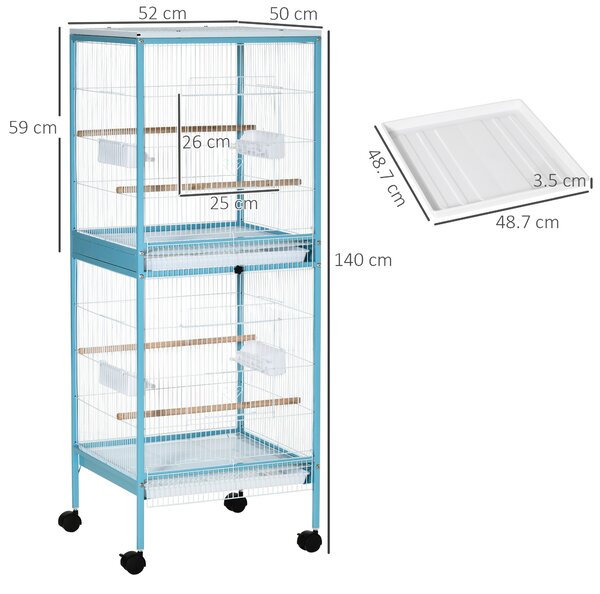 PawHut Colivie pentru Păsări, Volieră cu 4 Roți Pivotante, Tăvi Detașabile și Recipiente din Plastic, 51,5x50x140 cm, Albastru | Aosom Romania