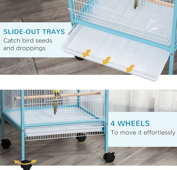 PawHut Colivie pentru Păsări, Volieră cu 4 Roți Pivotante, Tăvi Detașabile și Recipiente din Plastic, 51,5x50x140 cm, Albastru | Aosom Romania