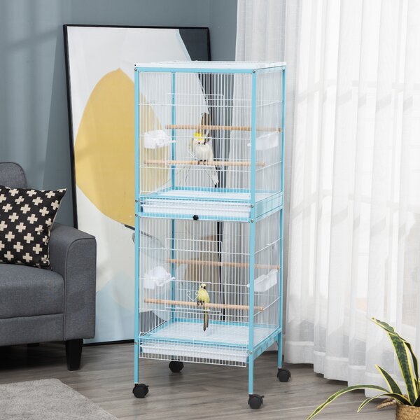 PawHut Colivie pentru Păsări, Volieră cu 4 Roți Pivotante, Tăvi Detașabile și Recipiente din Plastic, 51,5x50x140 cm, Albastru | Aosom Romania