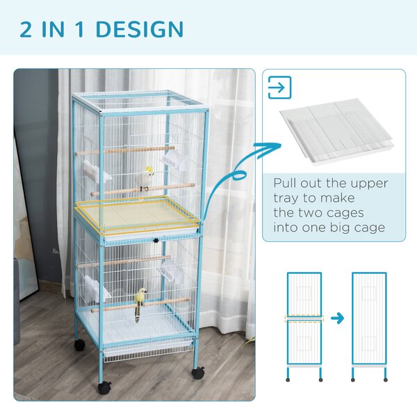 PawHut Colivie pentru Păsări, Volieră cu 4 Roți Pivotante, Tăvi Detașabile și Recipiente din Plastic, 51,5x50x140 cm, Albastru | Aosom Romania