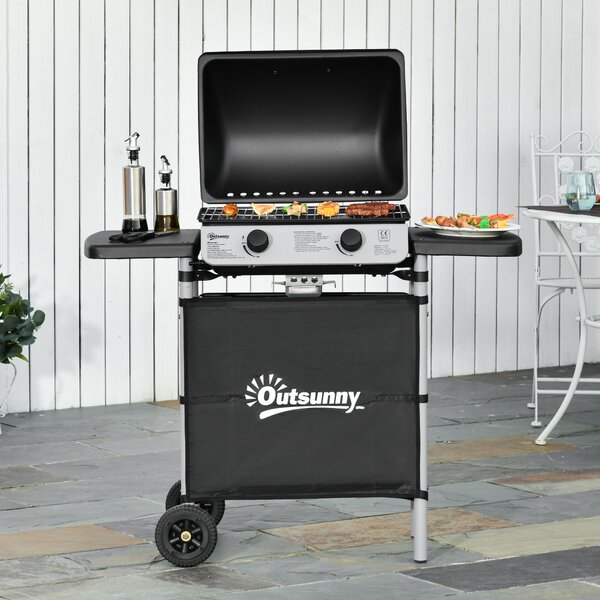 Gratar pe gaz cu Capac si 2 Arzatoare Outsunny, 5,6 kW, Otel, Roti si Rafturi, 104x49x99cm Negru | AOSOM RO