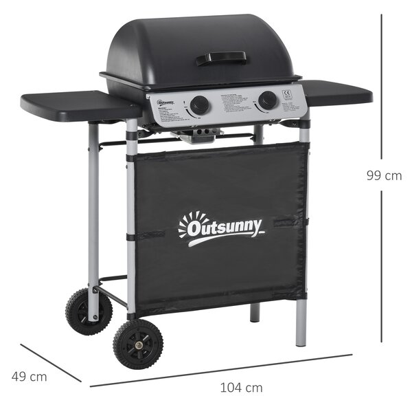 Gratar pe gaz cu Capac si 2 Arzatoare Outsunny, 5,6 kW, Otel, Roti si Rafturi, 104x49x99cm Negru | AOSOM RO