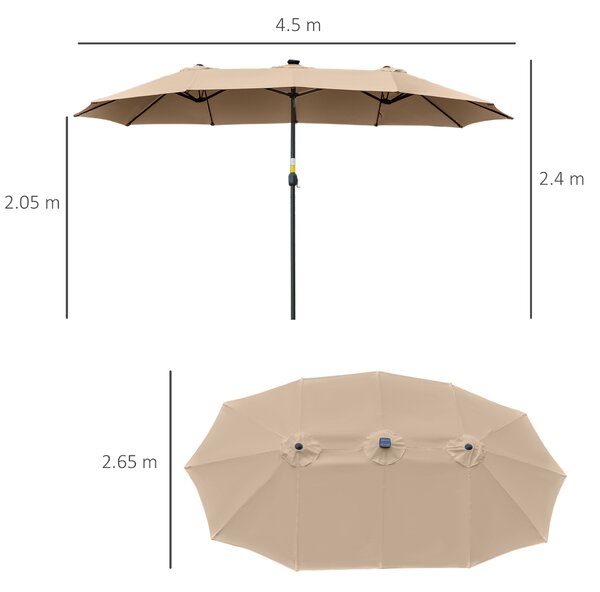 Outsunny Umbrelă Solară LED 4.5m, Sistem de Deschidere cu Manivelă, Rezistentă la Apă, Kaki | Aosom Romania