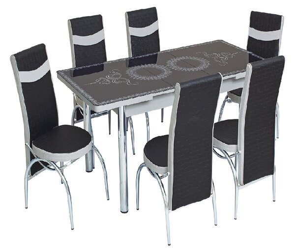 Set masă extensibilă Oriental Black cu 6 scaune negru alb