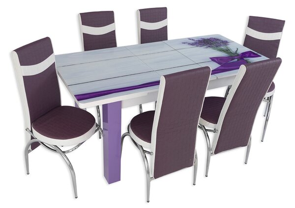 Set masă extensibilă Lavandă Picior PAL cu 6 scaune mov alb