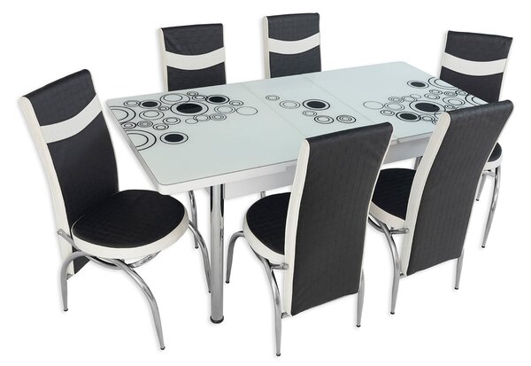 Set masă extensibilă Alb Cerc cu 6 scaune negru alb