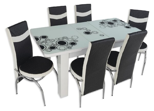 Set masă extensibilă Alb Cerc Picior PAL cu 6 scaune negru alb