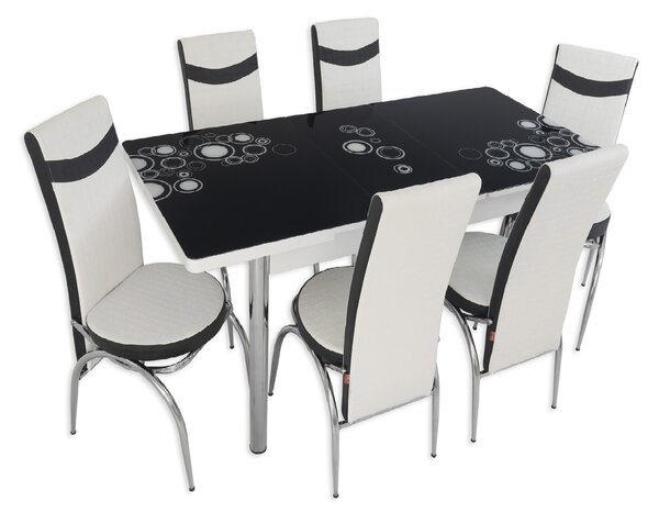 Set masă extensibilă Negru Cerc cu 6 scaune alb negru