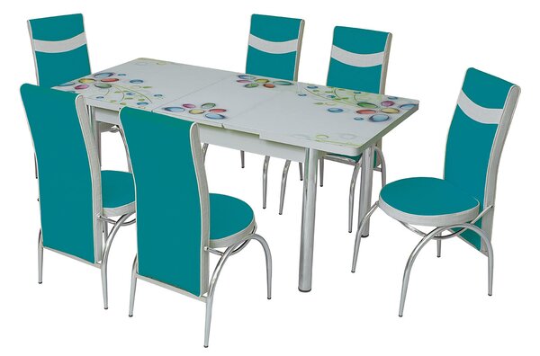 Set masă extensibilă Primavera cu 6 scaune albastru alb