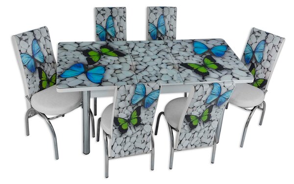 Set masă extensibilă Mariposa cu 6 scaune imprimate