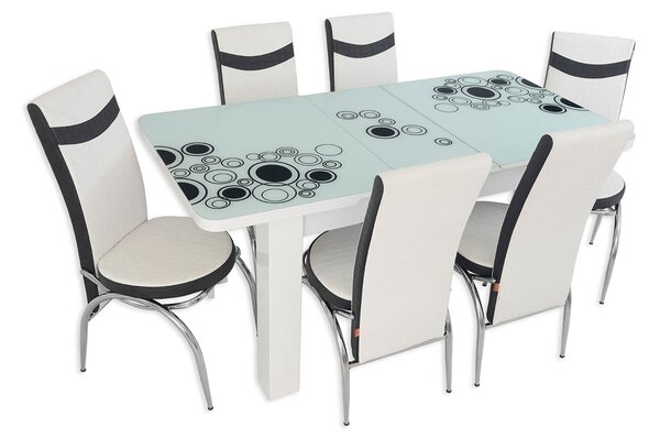 Set masă extensibilă Alb Cerc Picior PAL cu 6 scaune alb negru