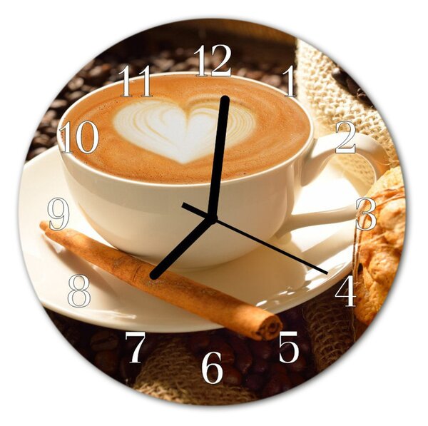 Ceas de perete din sticla rotund Cafea Heart Food and Drinks Brown