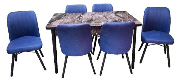 Set masă extensibilă Hera Negru Marmorat cu 6 scaune Kare albastru