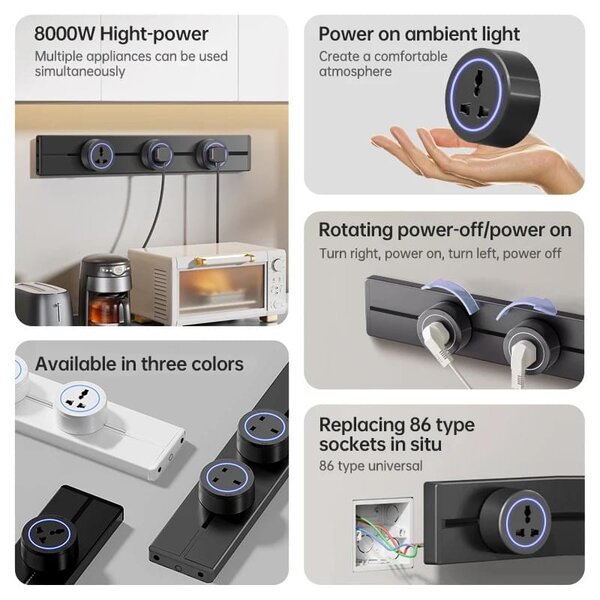 Sina modulara prize onuvio® 100cm, 8000w, 7 adaptoare (6x priza eu cu impamantare + 1x usb + type-c), montaj perete/blat, sistem premium birou/bucatarie, gri