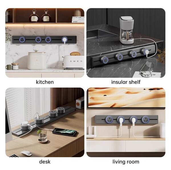 Sina modulara prize onuvio® 100cm, 8000w, 7 adaptoare (6x priza eu cu impamantare + 1x usb + type-c), montaj perete/blat, sistem premium birou/bucatarie, gri