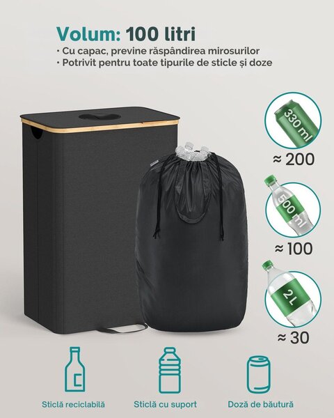 Coș pentru sortarea sticlelor și dozelor ECOVIA, 100l, negru/bej SongmicsHome