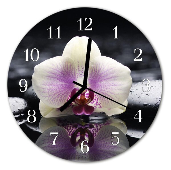 Ceas de perete din sticla rotund Orhideea flori violet
