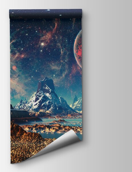 Fototapet Peisaj de munți și apă cu planete și stele, Fototapet designer, Fototapet populare, u55303 - Tapeko.ro