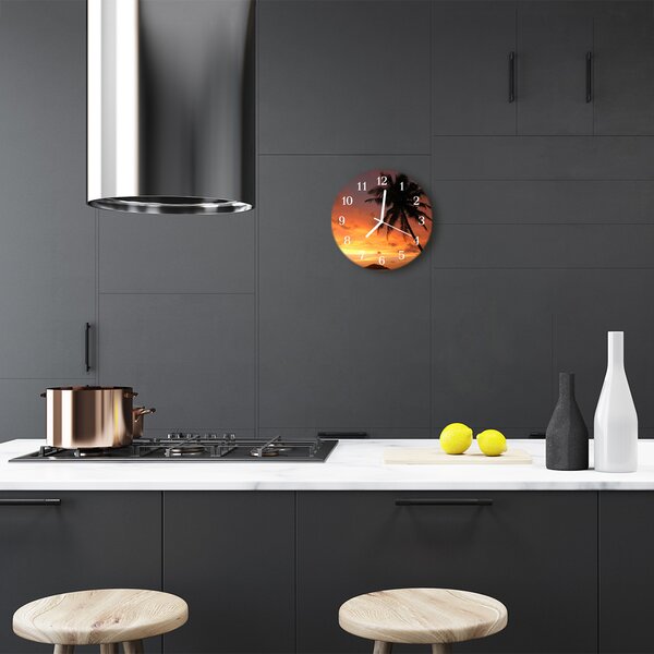 Ceas de perete din sticla rotund Palm Tree Natura Orange