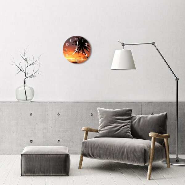 Ceas de perete din sticla rotund Palm Tree Natura Orange