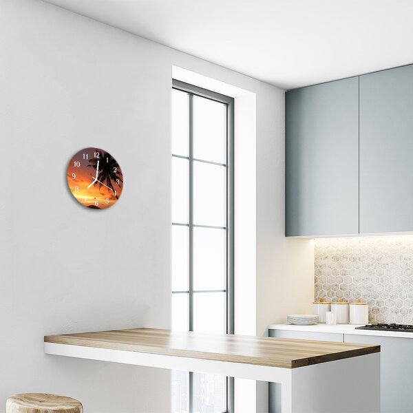 Ceas de perete din sticla rotund Palm Tree Natura Orange