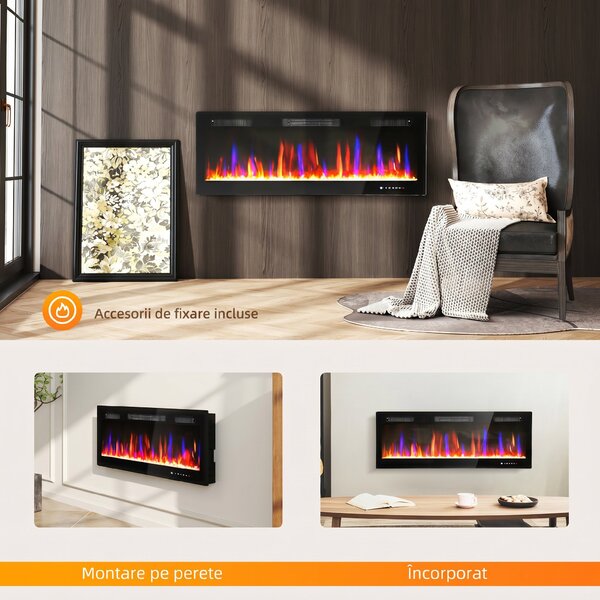 HOMCOM Șemineu Electric de Perete și Încorporabil 3 în 1 cu Design Ultra-Subțire de 9,4 cm, 12 Culori de Flacără 3D și Cristale, 900/1800W, cu Telecomandă, Touchscreen, Timer și Termostat | Aosom Romania