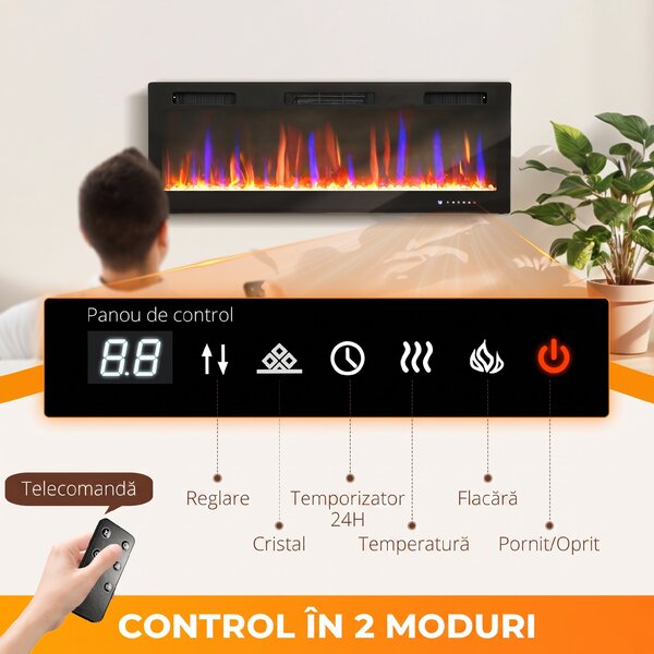 HOMCOM Șemineu Electric de Perete și Încorporabil 3 în 1 cu Design Ultra-Subțire de 9,4 cm, 12 Culori de Flacără 3D și Cristale, 900/1800W, cu Telecomandă, Touchscreen, Timer și Termostat | Aosom Romania