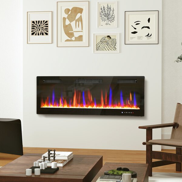 HOMCOM Șemineu Electric de Perete și Încorporabil 3 în 1 cu Design Ultra-Subțire de 9,4 cm, 12 Culori de Flacără 3D și Cristale, 900/1800W, cu Telecomandă, Touchscreen, Timer și Termostat | Aosom Romania