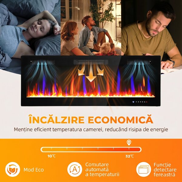 HOMCOM Șemineu Electric de Perete și Încorporabil 3 în 1 cu Design Ultra-Subțire de 9,4 cm, 12 Culori de Flacără 3D și Cristale, 900/1800W, cu Telecomandă, Touchscreen, Timer și Termostat | Aosom Romania