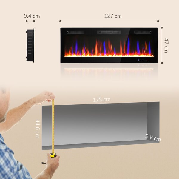 HOMCOM Șemineu Electric de Perete și Încorporabil 3 în 1 cu Design Ultra-Subțire de 9,4 cm, 12 Culori de Flacără 3D și Cristale, 900/1800W, cu Telecomandă, Touchscreen, Timer și Termostat | Aosom Romania