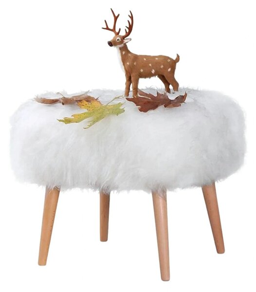 Taburet DEER, alb/stejar, blana artificiala/lemn, 50x42x45 cm