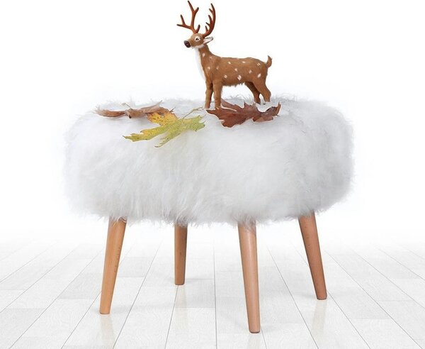 Taburet DEER, alb/stejar, blana artificiala/lemn, 50x42x45 cm