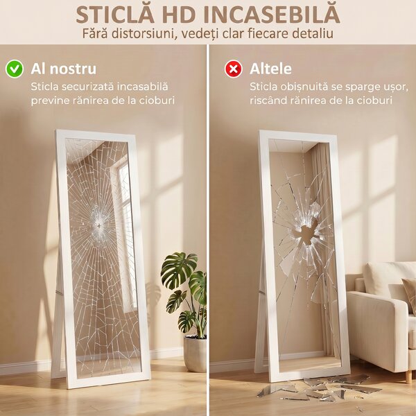 HOMCOM Oglindă de Podea pe Toată Înălțimea, cu Ramă și Suport, din Lemn și Sticlă, 37x40x155 cm, Albă | Aosom Romania