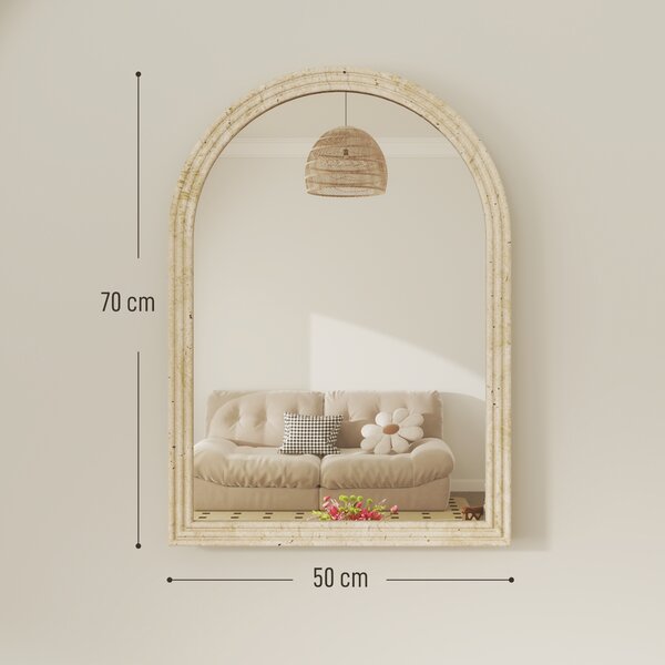 HOMCOM Oglindă de Perete în Arc cu Margine Canelată și Cârlige, Oglindă Modernă din Sticlă și Polistiren, 50x2x70 cm, Bej | Aosom Romania