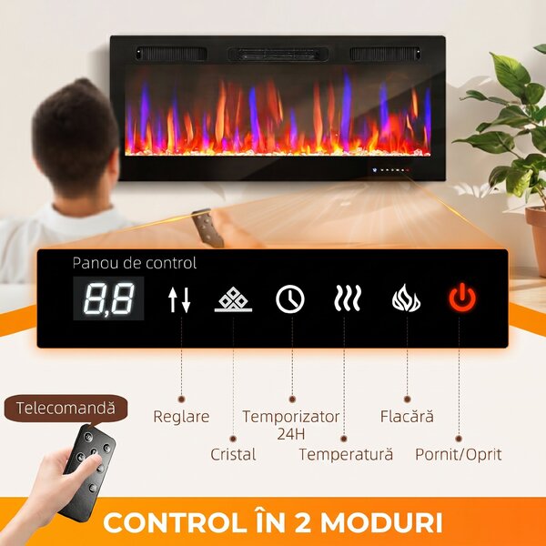 HOMCOM Șemineu Electric de Încorporat cu Flacără Independentă, 3 Moduri de Încălzire și Telecomandă, 106.7x9.4x47 cm, Negru | Aosom Romania