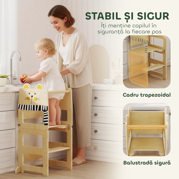 AIYAPLAY Turn Montessori pentru Copii 2-5 Ani cu Tablă și Măsuță, din Lemn, 57x39x93 cm, culoare Lemn | Aosom Romania