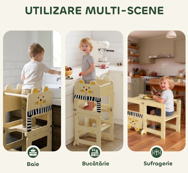 AIYAPLAY Turn Montessori pentru Copii 2-5 Ani cu Tablă și Măsuță, din Lemn, 57x39x93 cm, culoare Lemn | Aosom Romania