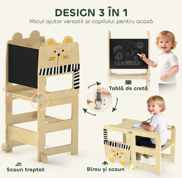 AIYAPLAY Turn Montessori pentru Copii 2-5 Ani cu Tablă și Măsuță, din Lemn, 57x39x93 cm, culoare Lemn | Aosom Romania