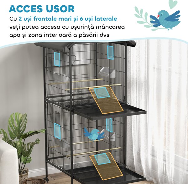 PawHut Volieră pentru Păsări cu Roți, Tăvi Detașabile din Plastic și Stinghii, Colivie pentru Canari din Metal, 168 cm, Negru | Aosom Romania