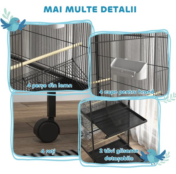PawHut Volieră pentru Păsări cu Roți, Tăvi Detașabile din Plastic și Stinghii, Colivie pentru Canari din Metal, 168 cm, Negru | Aosom Romania