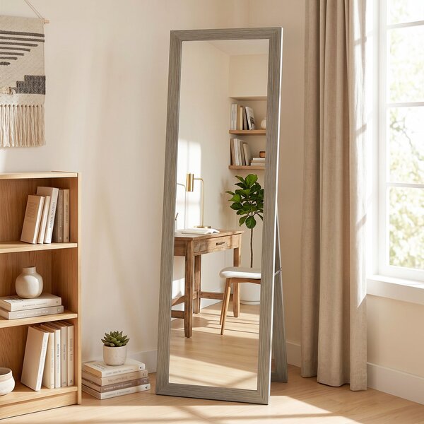 HOMCOM Oglindă Autoportantă Modernă, 37x157 cm, Oglindă de Perete și de Podea în Mărime Naturală cu Ramă din Lemn și Suport, pentru Dormitor, Living și Hol, Gri | Aosom Romania