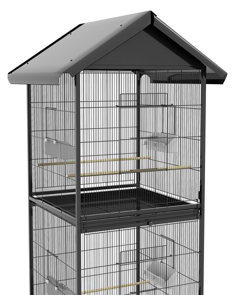 PawHut Volieră pentru Păsări cu Roți, Tăvi Detașabile din Plastic și Stinghii, Colivie pentru Canari din Metal, 168 cm, Negru | Aosom Romania