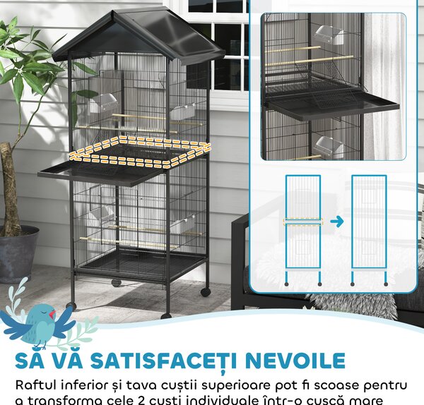 PawHut Volieră pentru Păsări cu Roți, Tăvi Detașabile din Plastic și Stinghii, Colivie pentru Canari din Metal, 168 cm, Negru | Aosom Romania