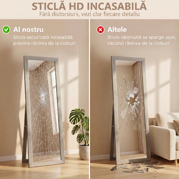 HOMCOM Oglindă Autoportantă Modernă, 37x157 cm, Oglindă de Perete și de Podea în Mărime Naturală cu Ramă din Lemn și Suport, pentru Dormitor, Living și Hol, Gri | Aosom Romania