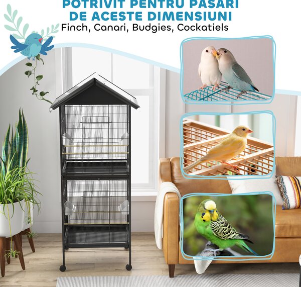 PawHut Volieră pentru Păsări cu Roți, Tăvi Detașabile din Plastic și Stinghii, Colivie pentru Canari din Metal, 168 cm, Negru | Aosom Romania