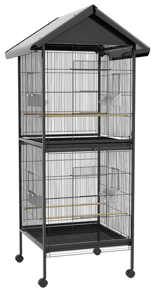 PawHut Volieră pentru Păsări cu Roți, Tăvi Detașabile din Plastic și Stinghii, Colivie pentru Canari din Metal, 168 cm, Negru | Aosom Romania