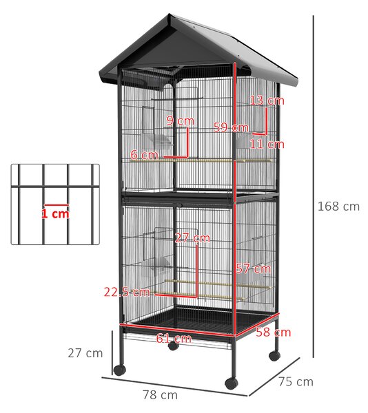 PawHut Volieră pentru Păsări cu Roți, Tăvi Detașabile din Plastic și Stinghii, Colivie pentru Canari din Metal, 168 cm, Negru | Aosom Romania