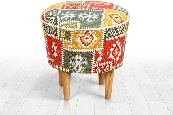Taburet RUG, multicolor/stejar, material textil/lemn, 42x42x42 cm